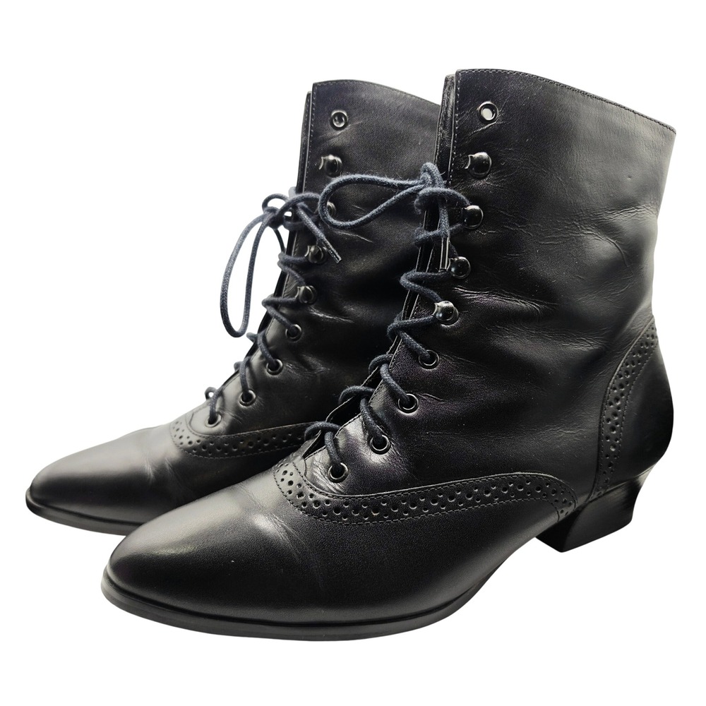 Vintage Black Leather Victorian Lace Up Brogue Ankle Boots Block Heel Size 8M